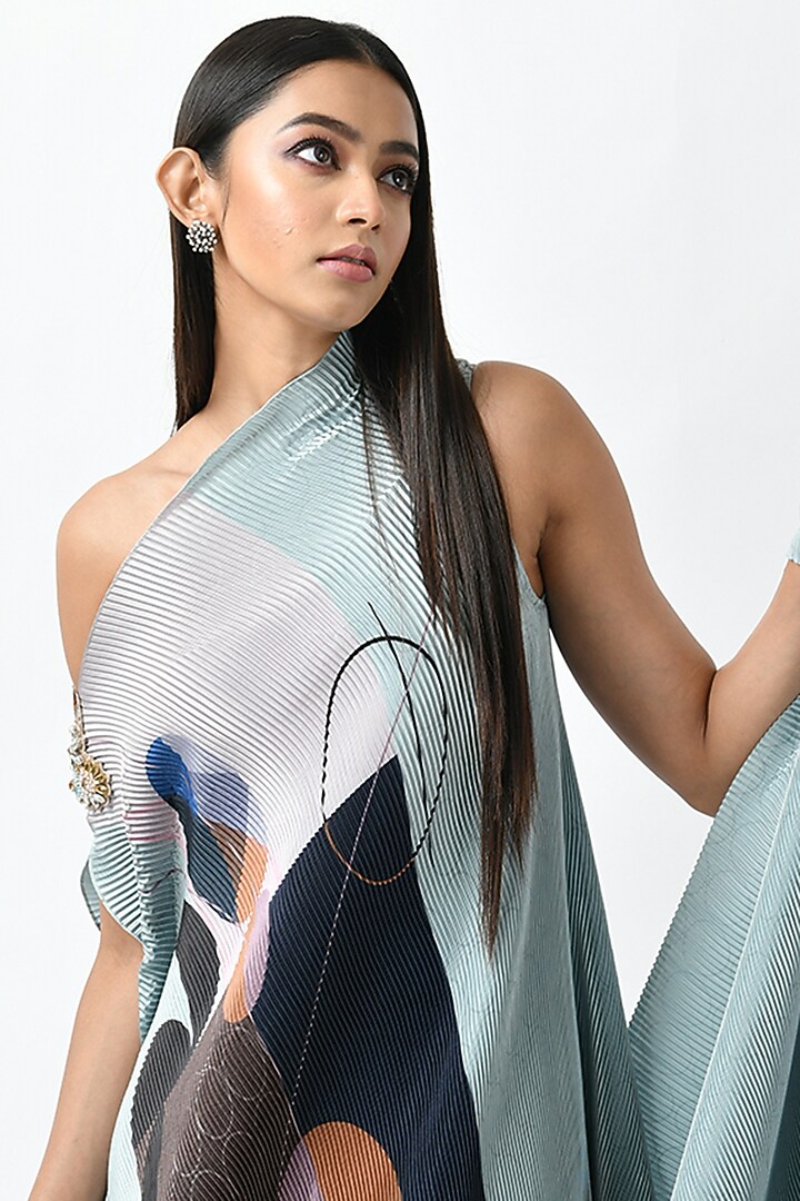 Powder Blue Printed Drape With Pants by Kiran Uttam Ghosh at Pernia's Pop Up Shop