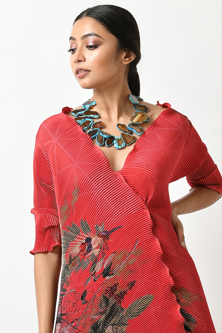 Red Tropical Printed Angrakha Kurta by Kiran Uttam Ghosh at Pernia's Pop Up Shop