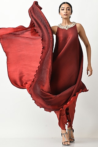 Merlot Red Pleated Drape by Kiran Uttam Ghosh