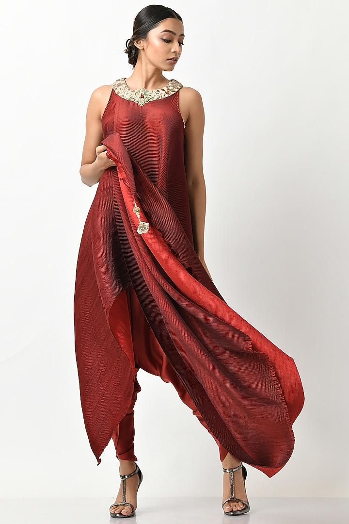 Merlot Red Pleated Drape by Kiran Uttam Ghosh at Pernia's Pop Up Shop