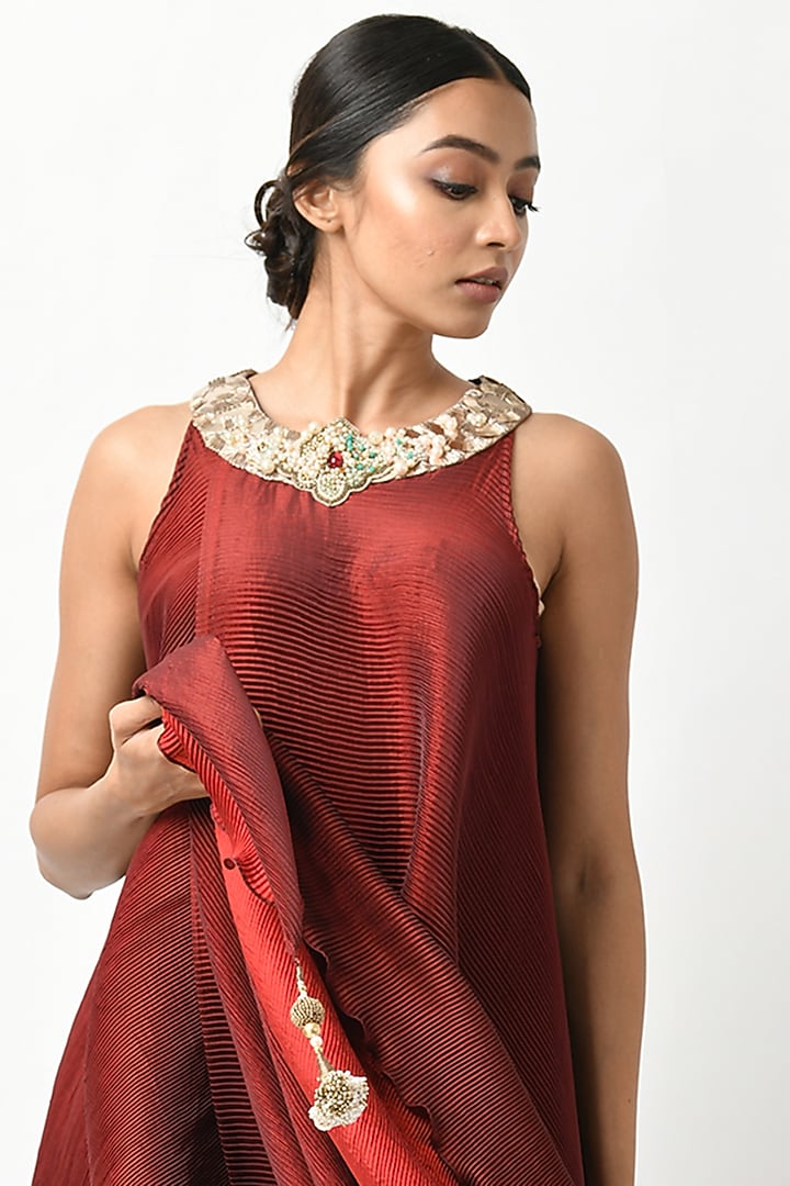 Merlot Red Pleated Drape by Kiran Uttam Ghosh at Pernia's Pop Up Shop