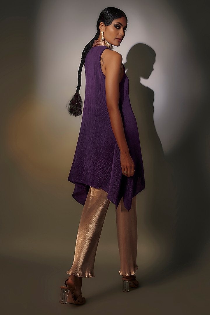 Purple Pleated Polyester Halter Tunic by Kiran Uttam Ghosh at Pernia's Pop Up Shop