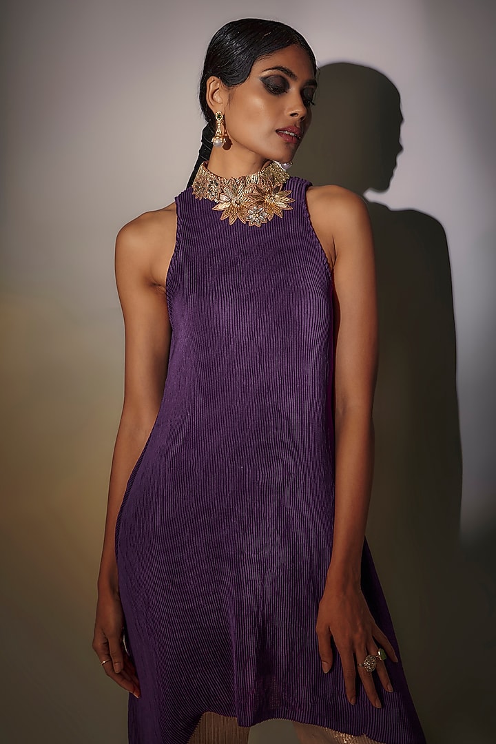 Purple Pleated Polyester Halter Tunic by Kiran Uttam Ghosh at Pernia's Pop Up Shop