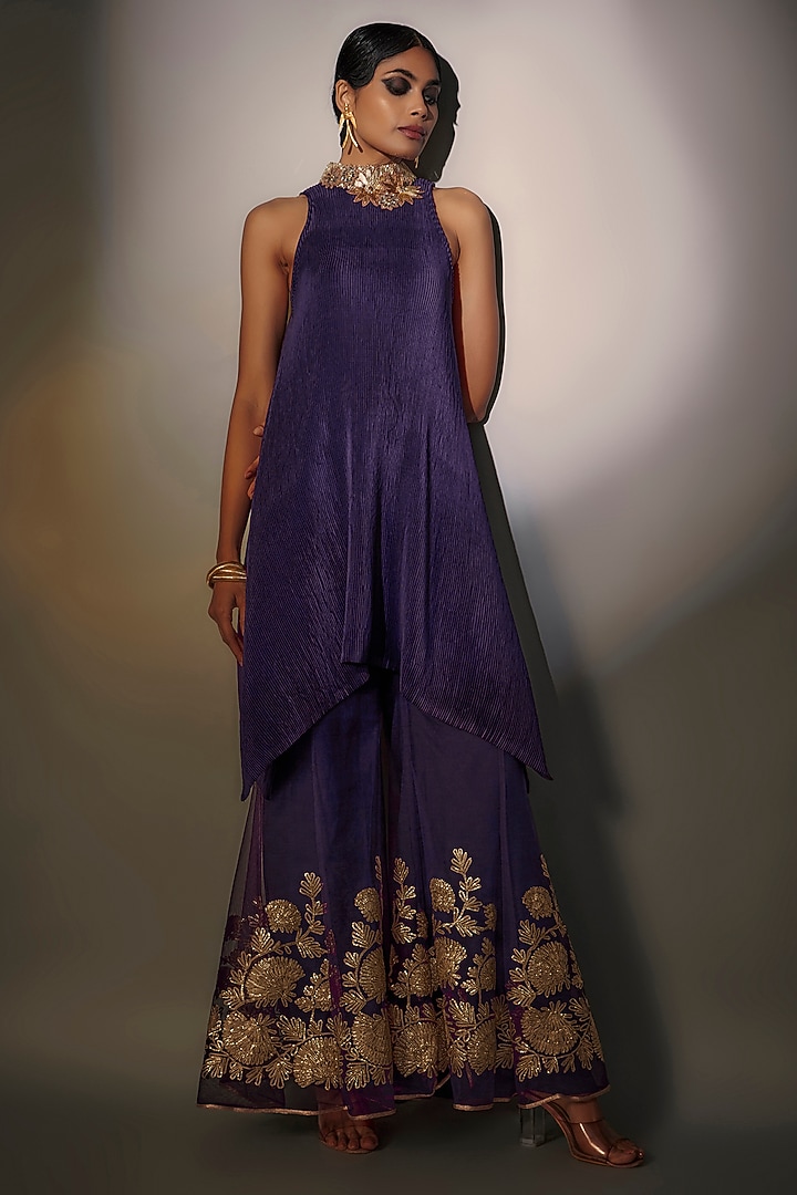 Purple Net Gota Embroidered Sharara Pants by Kiran Uttam Ghosh at Pernia's Pop Up Shop