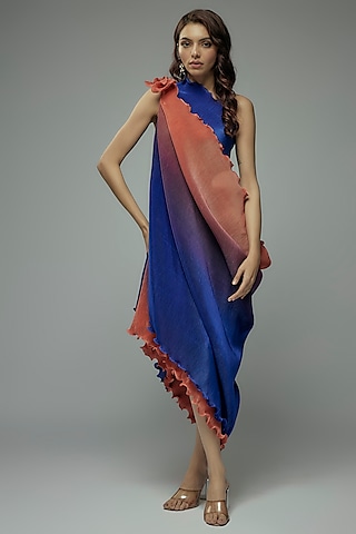 Red & Blue Pleated Polyster Tunic With Drape by Kiran Uttam Ghosh
