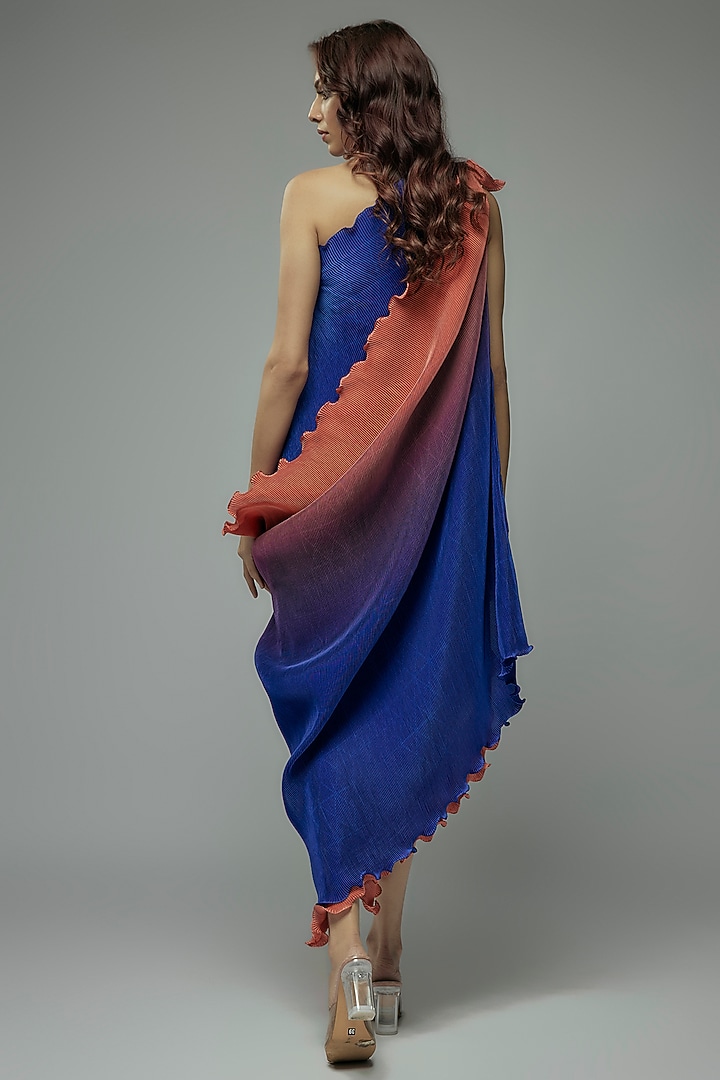 Red & Blue Pleated Polyster Tunic With Drape by Kiran Uttam Ghosh at Pernia's Pop Up Shop