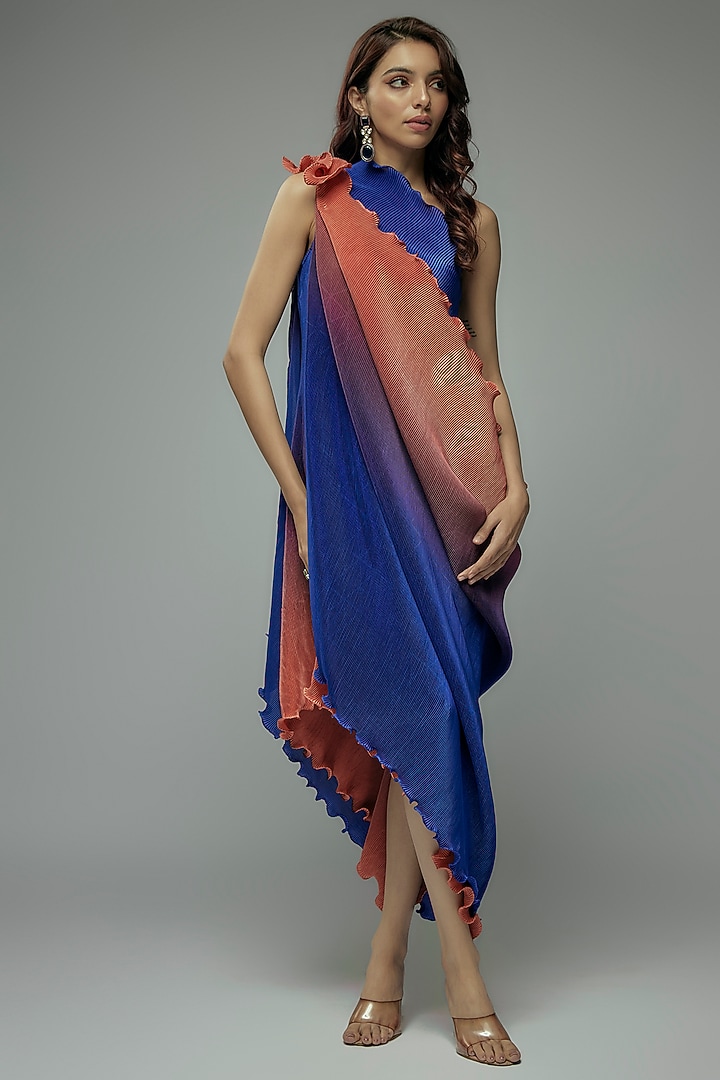 Red & Blue Pleated Polyster Tunic With Drape by Kiran Uttam Ghosh at Pernia's Pop Up Shop