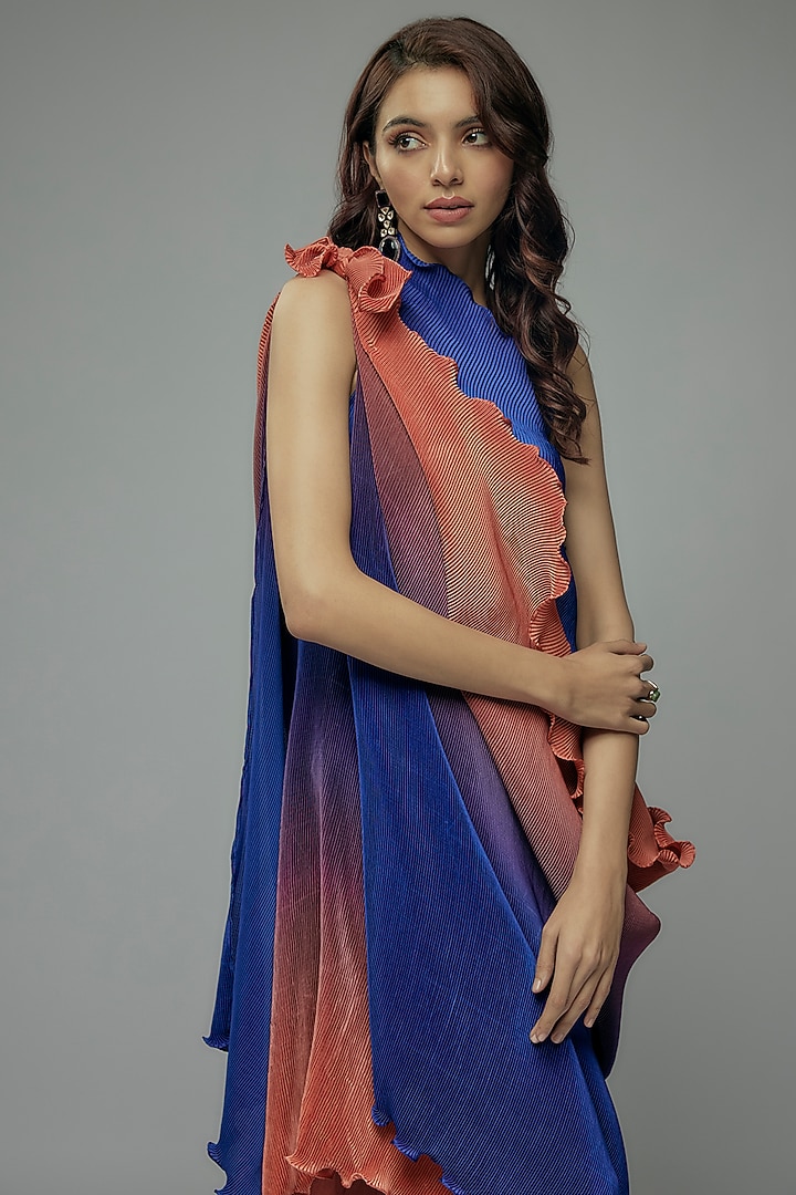 Red & Blue Pleated Polyster Tunic With Drape by Kiran Uttam Ghosh at Pernia's Pop Up Shop