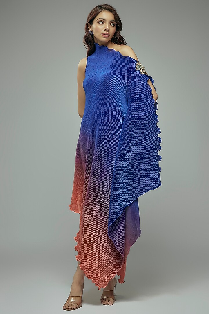 Red & Blue Pleated Polyster Tunic by Kiran Uttam Ghosh at Pernia's Pop Up Shop
