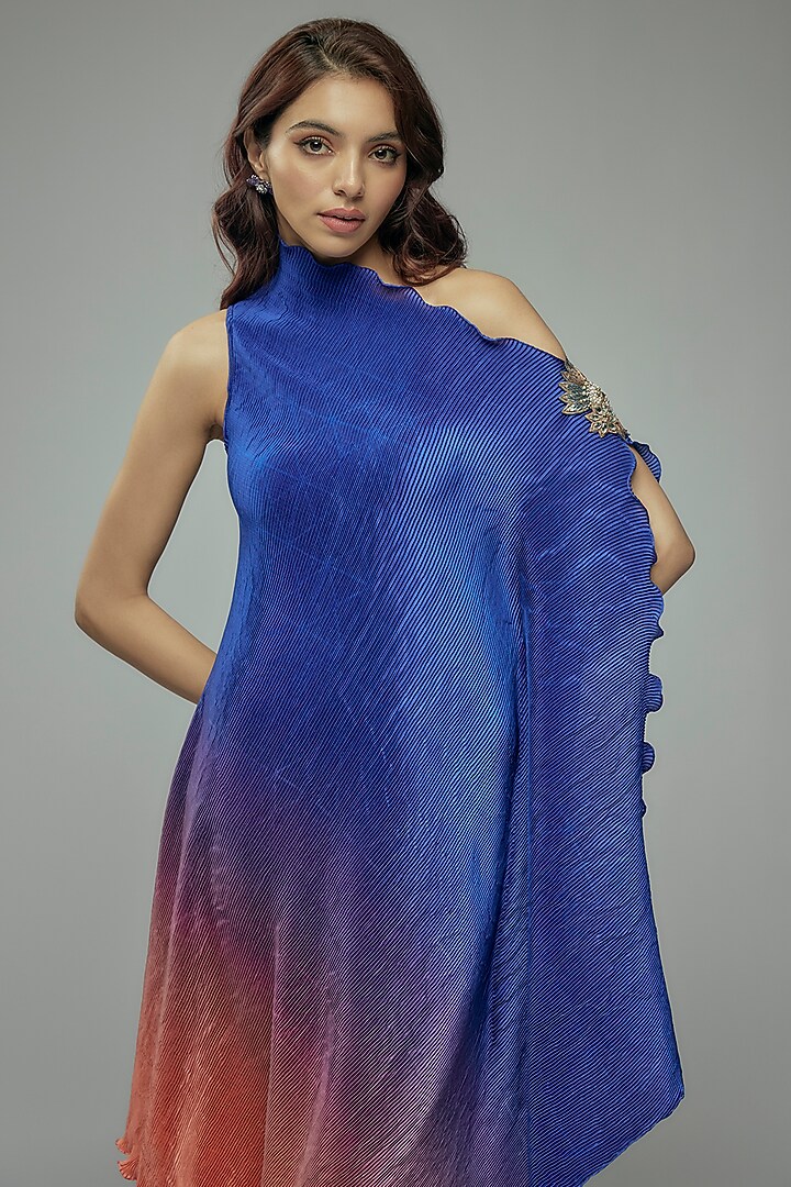 Red & Blue Pleated Polyster Tunic by Kiran Uttam Ghosh at Pernia's Pop Up Shop
