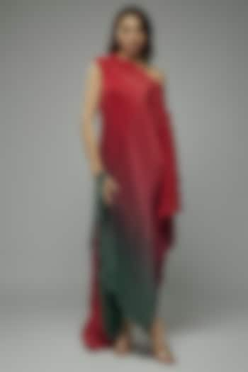 Red & Green Pleated Polyester Tunic by Kiran Uttam Ghosh