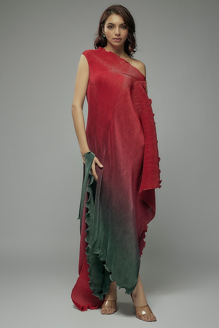 Red & Green Pleated Polyester Tunic by Kiran Uttam Ghosh