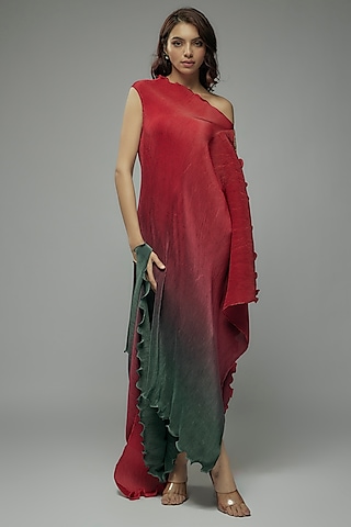 Red & Green Pleated Polyester Tunic by Kiran Uttam Ghosh