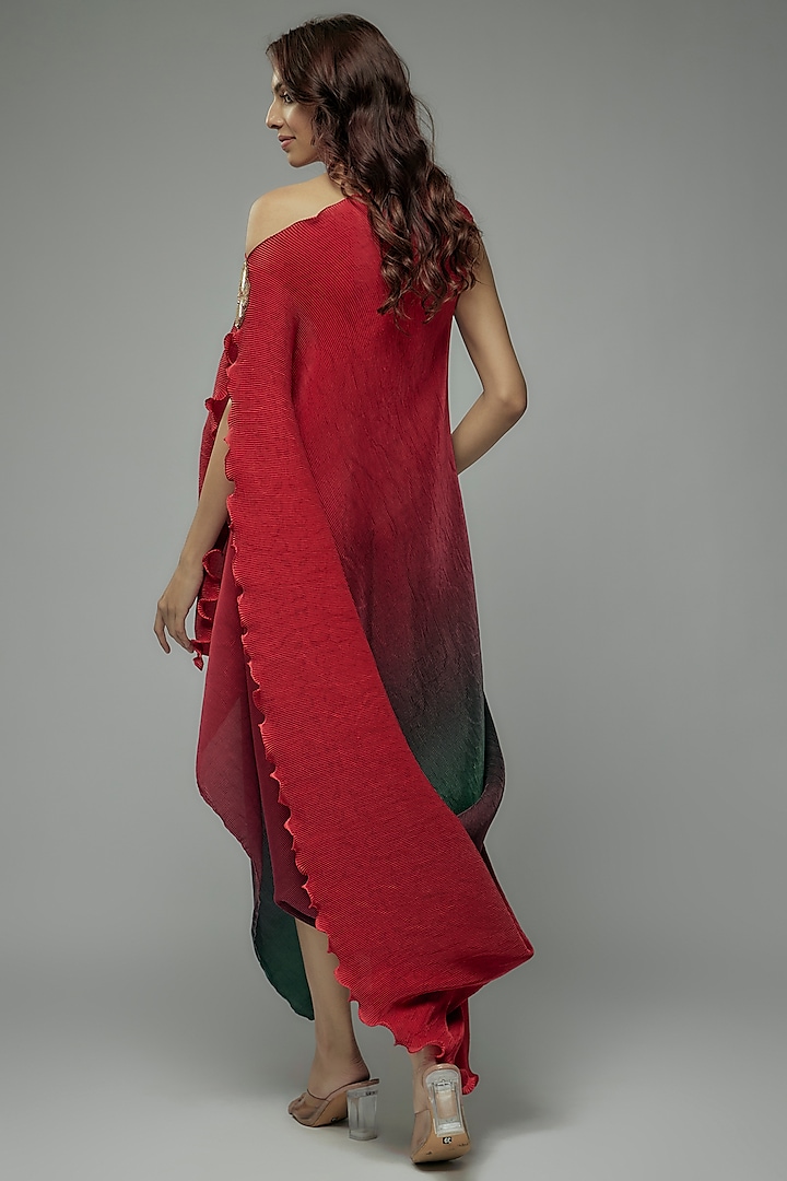 Red & Green Pleated Polyester Tunic by Kiran Uttam Ghosh at Pernia's Pop Up Shop