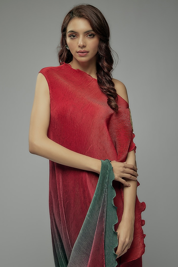 Red & Green Pleated Polyester Tunic by Kiran Uttam Ghosh at Pernia's Pop Up Shop