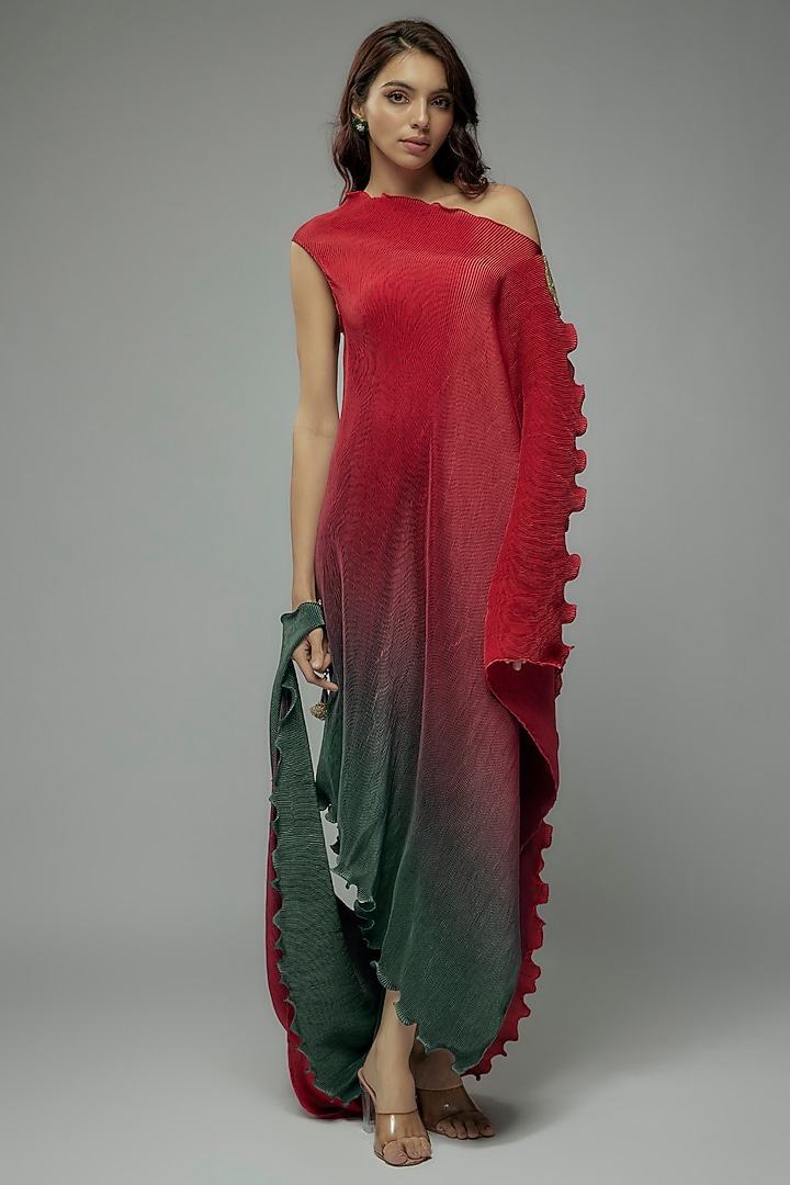 Red & Green Pleated Polyester Tunic by Kiran Uttam Ghosh at Pernia's Pop Up Shop