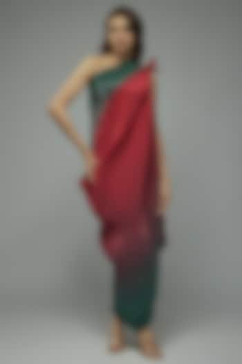 Red & Green Ombre Pleated Polyester Draped Tunic by Kiran Uttam Ghosh