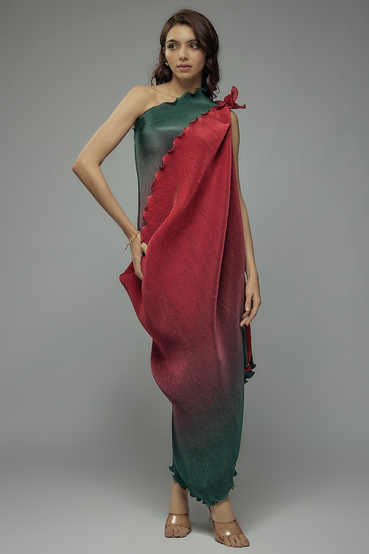 Red & Green Ombre Pleated Polyester Draped Tunic by Kiran Uttam Ghosh