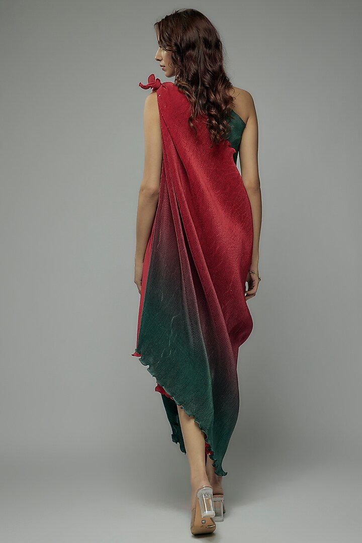 Red & Green Ombre Pleated Polyester Draped Tunic by Kiran Uttam Ghosh at Pernia's Pop Up Shop