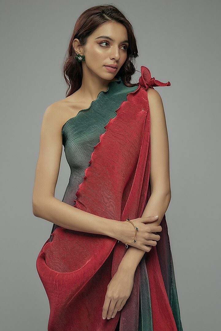 Red & Green Ombre Pleated Polyester Draped Tunic by Kiran Uttam Ghosh at Pernia's Pop Up Shop