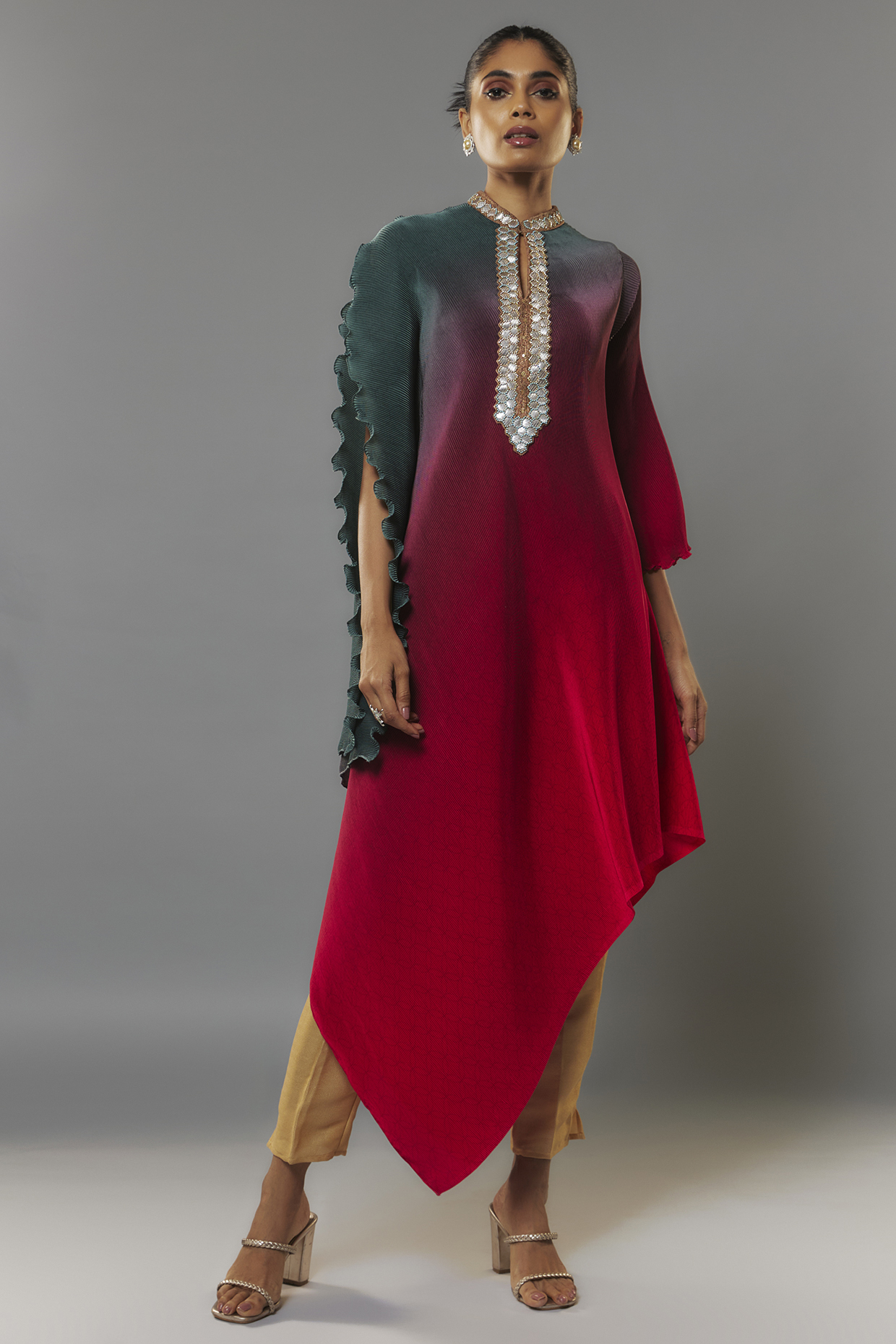 Green & Red Pleated Polyester Kaftan by Kiran Uttam Ghosh at Pernia's Pop Up Shop