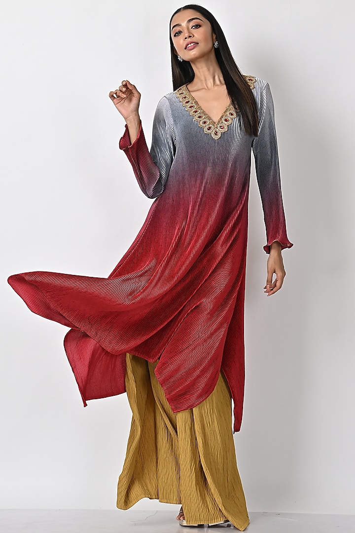 Silver & Brick Embroidered Pleated Kaftan by Kiran Uttam Ghosh at Pernia's Pop Up Shop