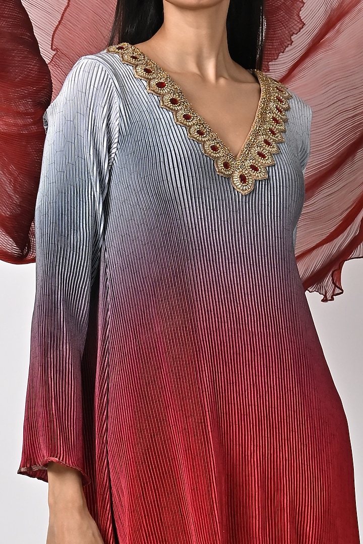 Silver & Brick Embroidered Pleated Kaftan by Kiran Uttam Ghosh at Pernia's Pop Up Shop