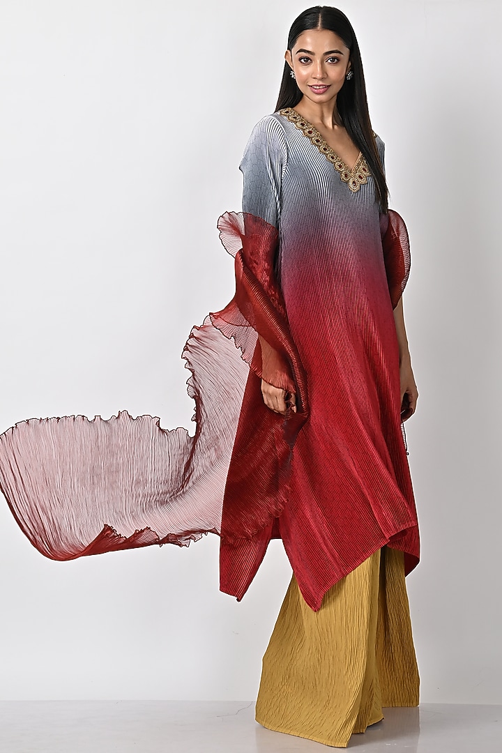 Silver & Brick Embroidered Pleated Kaftan by Kiran Uttam Ghosh at Pernia's Pop Up Shop
