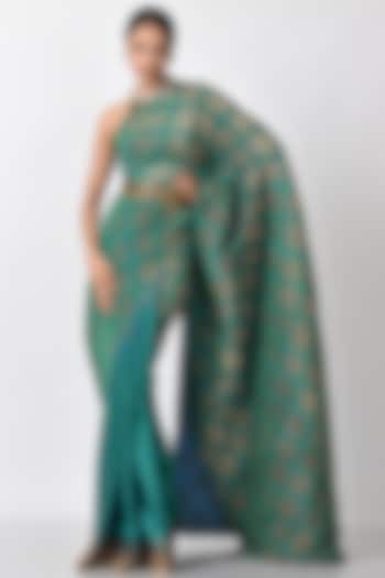 Emerald Pleated Polyester Mix  Hand Embroidered & Printed Pleated Wedding Saree Set by Kiran Uttam Ghosh at Pernia's Pop Up Shop