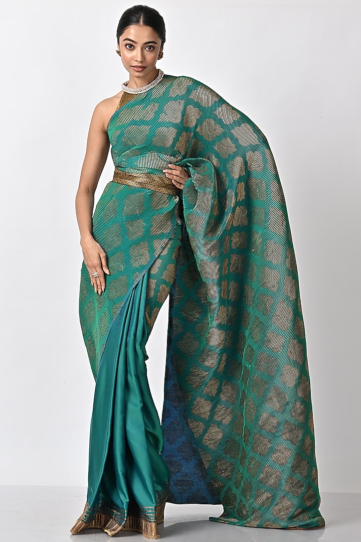 Emerald Pleated Polyester Mix  Hand Embroidered & Printed Pleated Wedding Saree Set by Kiran Uttam Ghosh at Pernia's Pop Up Shop