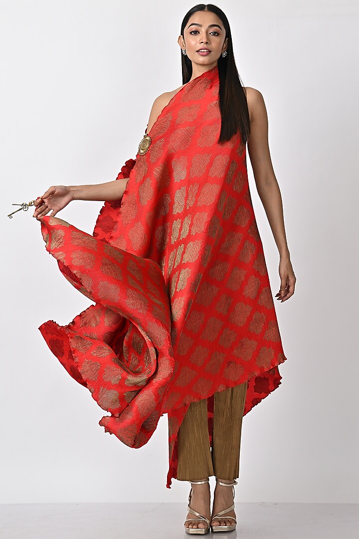 Red Embroidered Pleated Drape by Kiran Uttam Ghosh