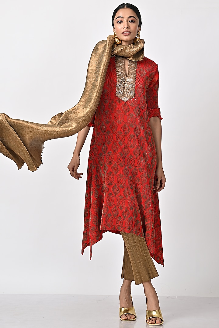 Red Printed & Embroidered Kaftan by Kiran Uttam Ghosh at Pernia's Pop Up Shop