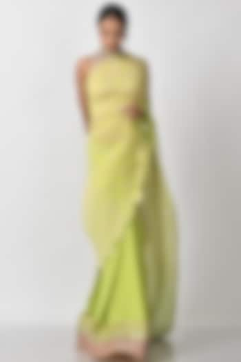 Lime Organza Geometric Printed Pleated Saree Set by Kiran Uttam Ghosh at Pernia's Pop Up Shop