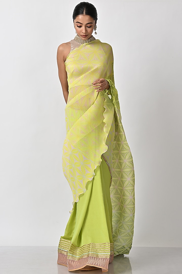 Lime Organza Geometric Printed Pleated Saree Set by Kiran Uttam Ghosh at Pernia's Pop Up Shop