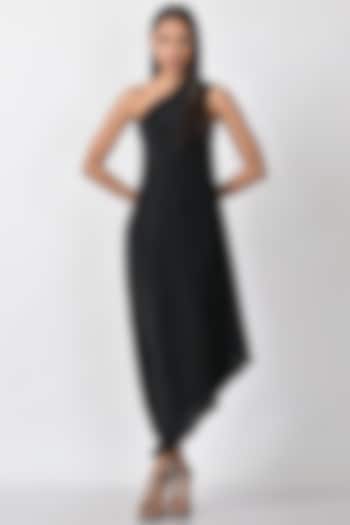 Black Pleated One Shoulder Dress by Kiran Uttam Ghosh