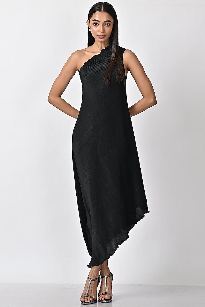 Black Pleated One Shoulder Dress by Kiran Uttam Ghosh