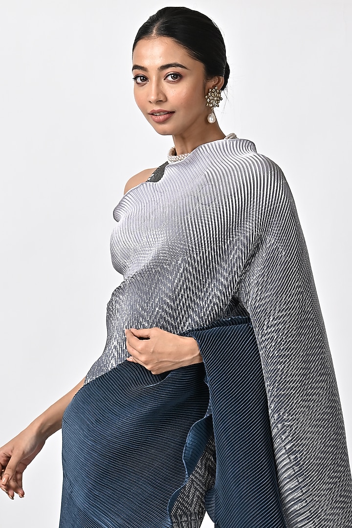 Silver & Navy Pleated Polyester Hand Embroidered Wedding Saree Set by Kiran Uttam Ghosh at Pernia's Pop Up Shop