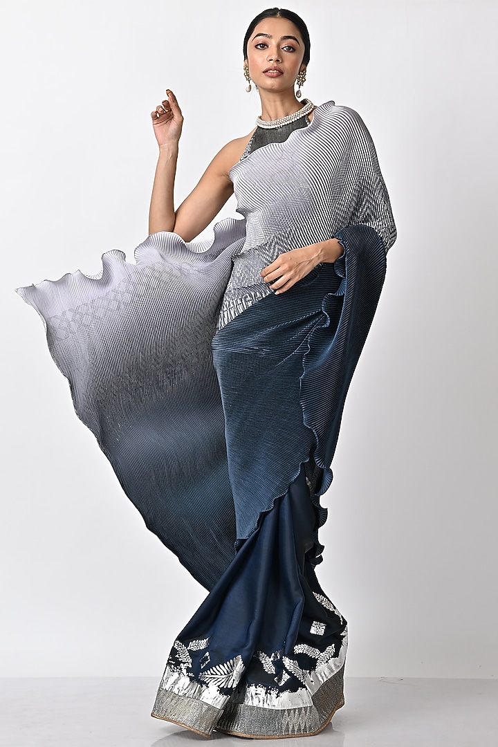 Silver & Navy Pleated Polyester Hand Embroidered Wedding Saree Set by Kiran Uttam Ghosh at Pernia's Pop Up Shop