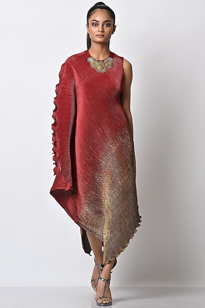 Tribal Red & Olive Pleated Draped Vacation Dress by Kiran Uttam Ghosh at Pernia's Pop Up Shop
