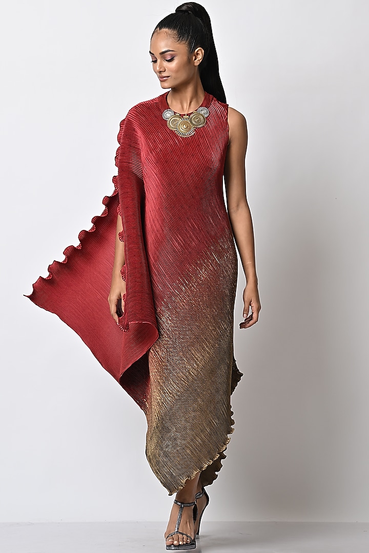 Tribal Red & Olive Pleated Draped Vacation Dress by Kiran Uttam Ghosh at Pernia's Pop Up Shop