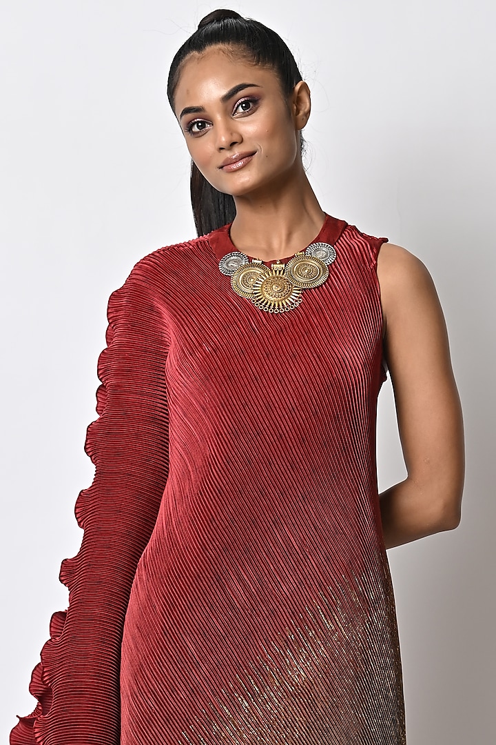 Tribal Red & Olive Pleated Draped Vacation Dress by Kiran Uttam Ghosh at Pernia's Pop Up Shop