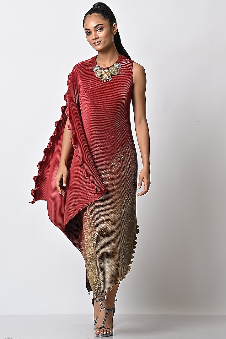 Tribal Red & Olive Pleated Draped Vacation Dress by Kiran Uttam Ghosh at Pernia's Pop Up Shop