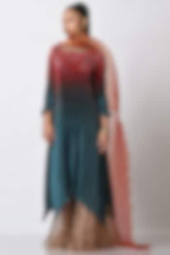 Brick & Teal Printed & Embroidered Kaftan by Kiran Uttam Ghosh at Pernia's Pop Up Shop