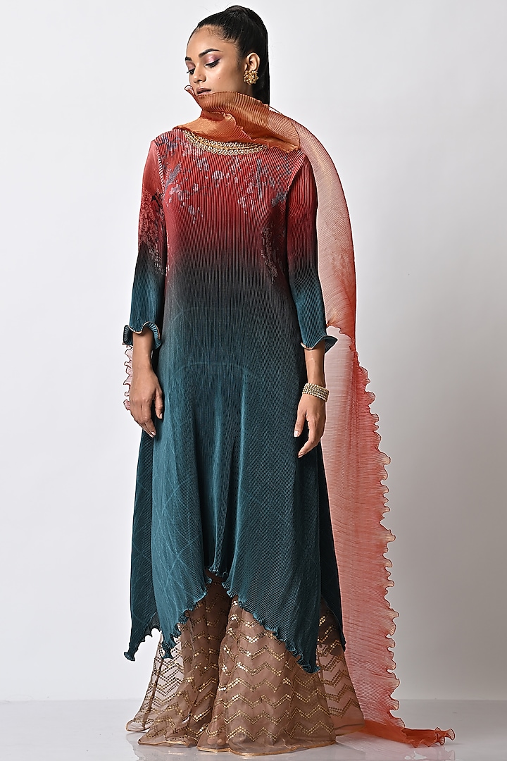 Brick & Teal Printed & Embroidered Kaftan by Kiran Uttam Ghosh at Pernia's Pop Up Shop