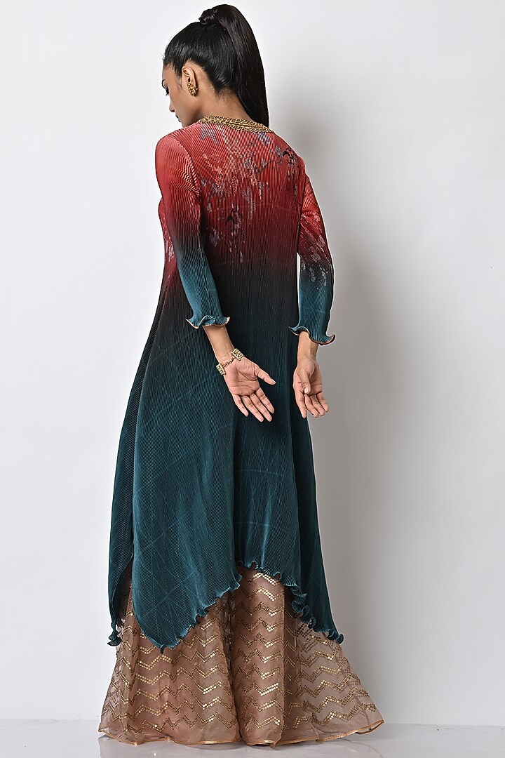 Brick & Teal Printed & Embroidered Kaftan by Kiran Uttam Ghosh at Pernia's Pop Up Shop