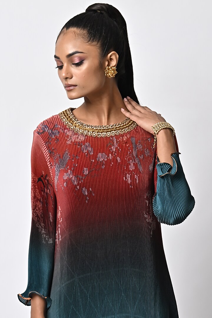 Brick & Teal Printed & Embroidered Kaftan by Kiran Uttam Ghosh at Pernia's Pop Up Shop