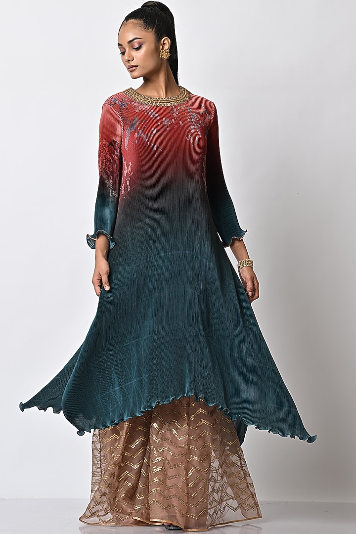 Brick & Teal Printed & Embroidered Kaftan by Kiran Uttam Ghosh at Pernia's Pop Up Shop