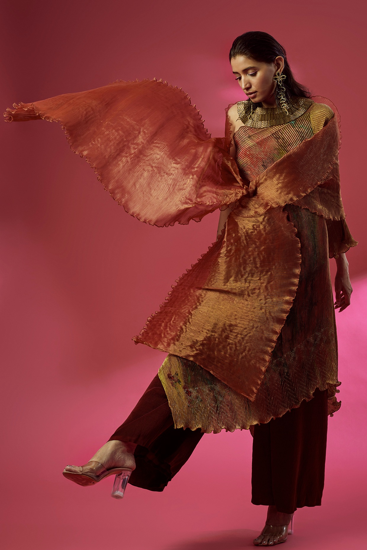 Mustard Pleated Polyester Printed Dress With Drape by Kiran Uttam Ghosh at Pernia s Pop Up Shop 2024