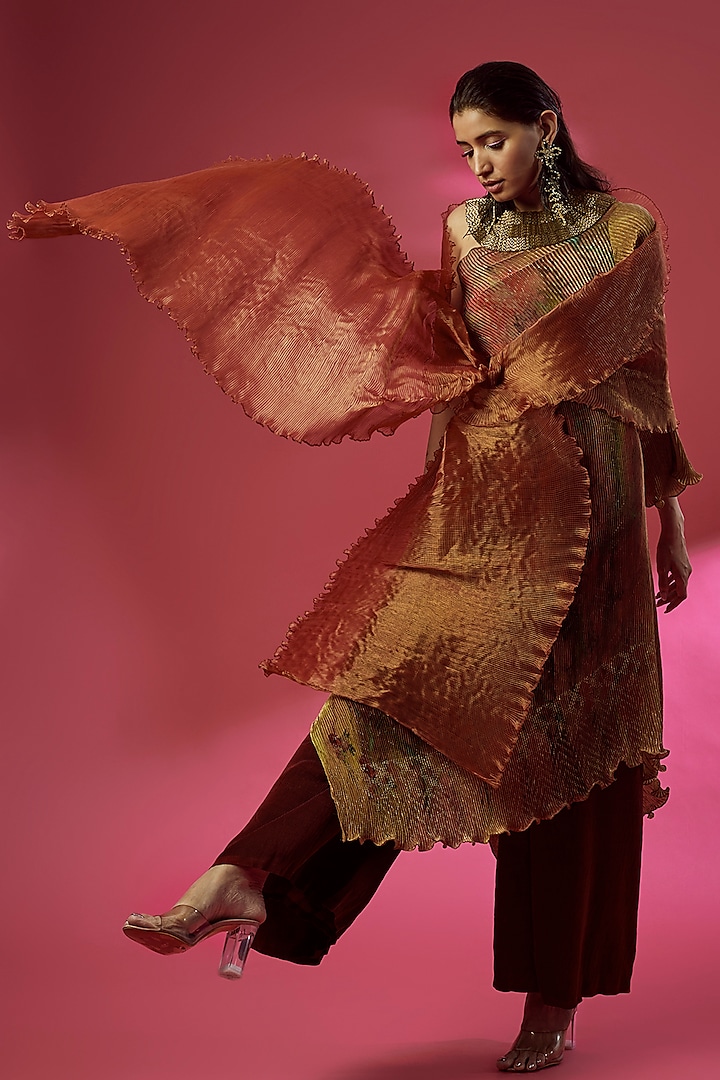 Mustard Pleated Polyester Printed Dress With Drape by Kiran Uttam Ghosh