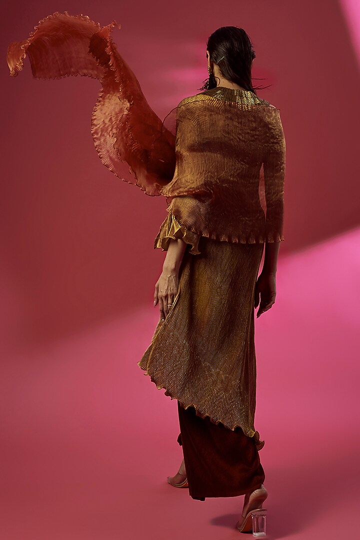 Mustard Pleated Polyester Printed Cocktail Dress With Drape by Kiran Uttam Ghosh at Pernia's Pop Up Shop
